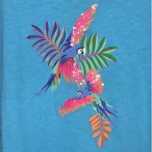 Stella Parker blue cotton blend parrot sequin short sleeve shirt - small